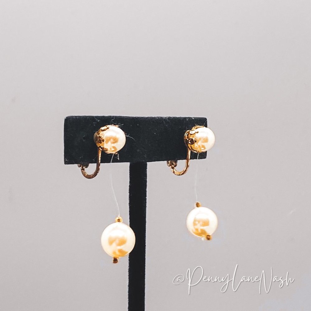 Vintage Pearl with Fishline Hang Pearl Drop Earrings - Picture 2 of 9